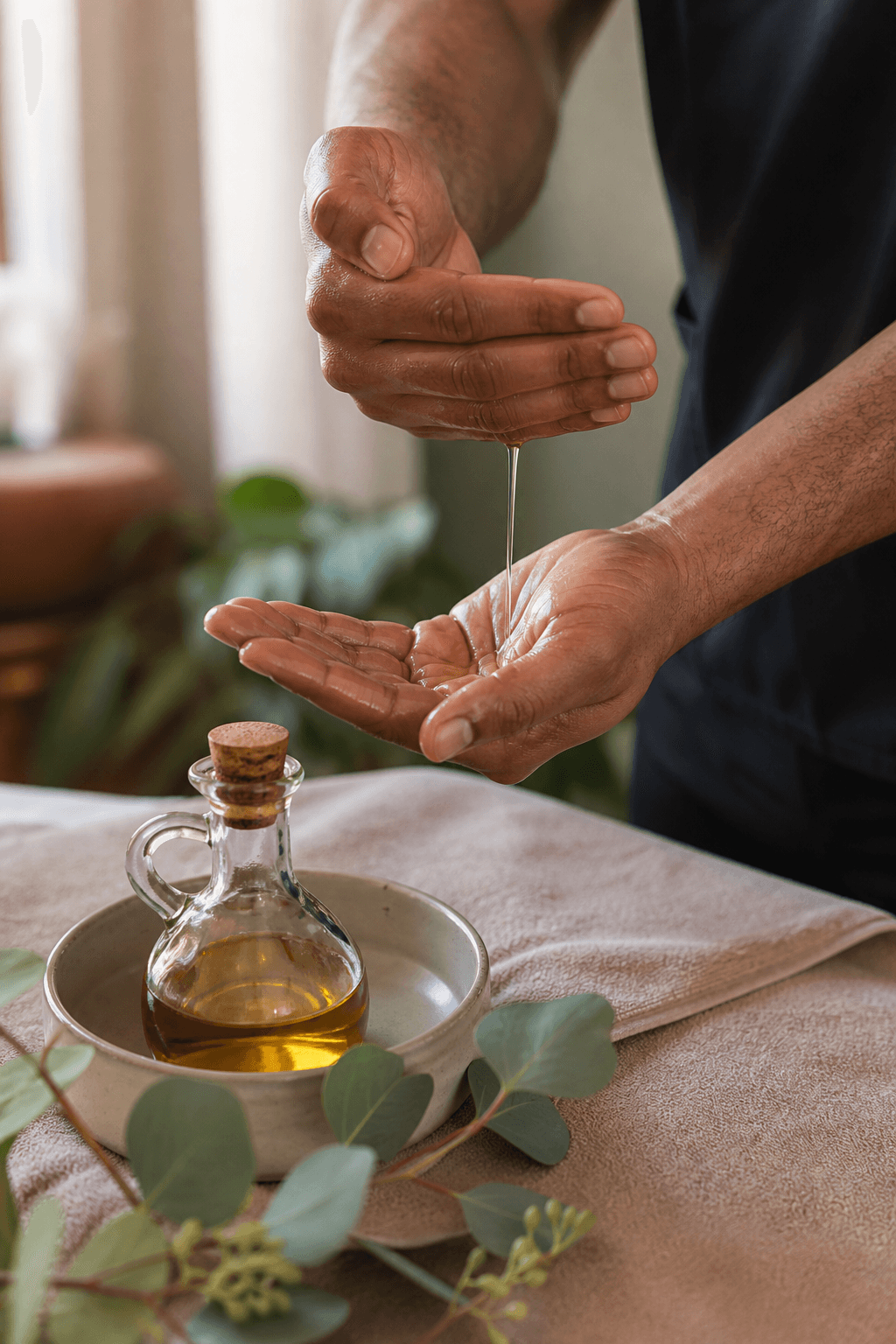 Light-skinned African male hands preparing warm massage oils