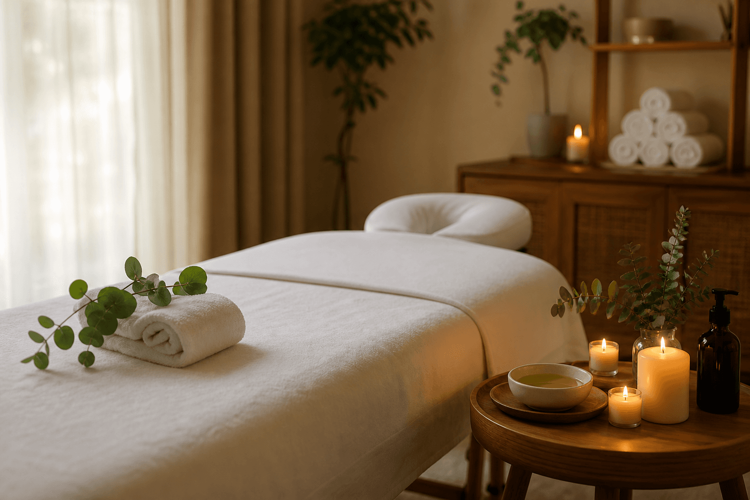 Calm massage room with towels, oil, basalt stones, eucalyptus, and candlelight