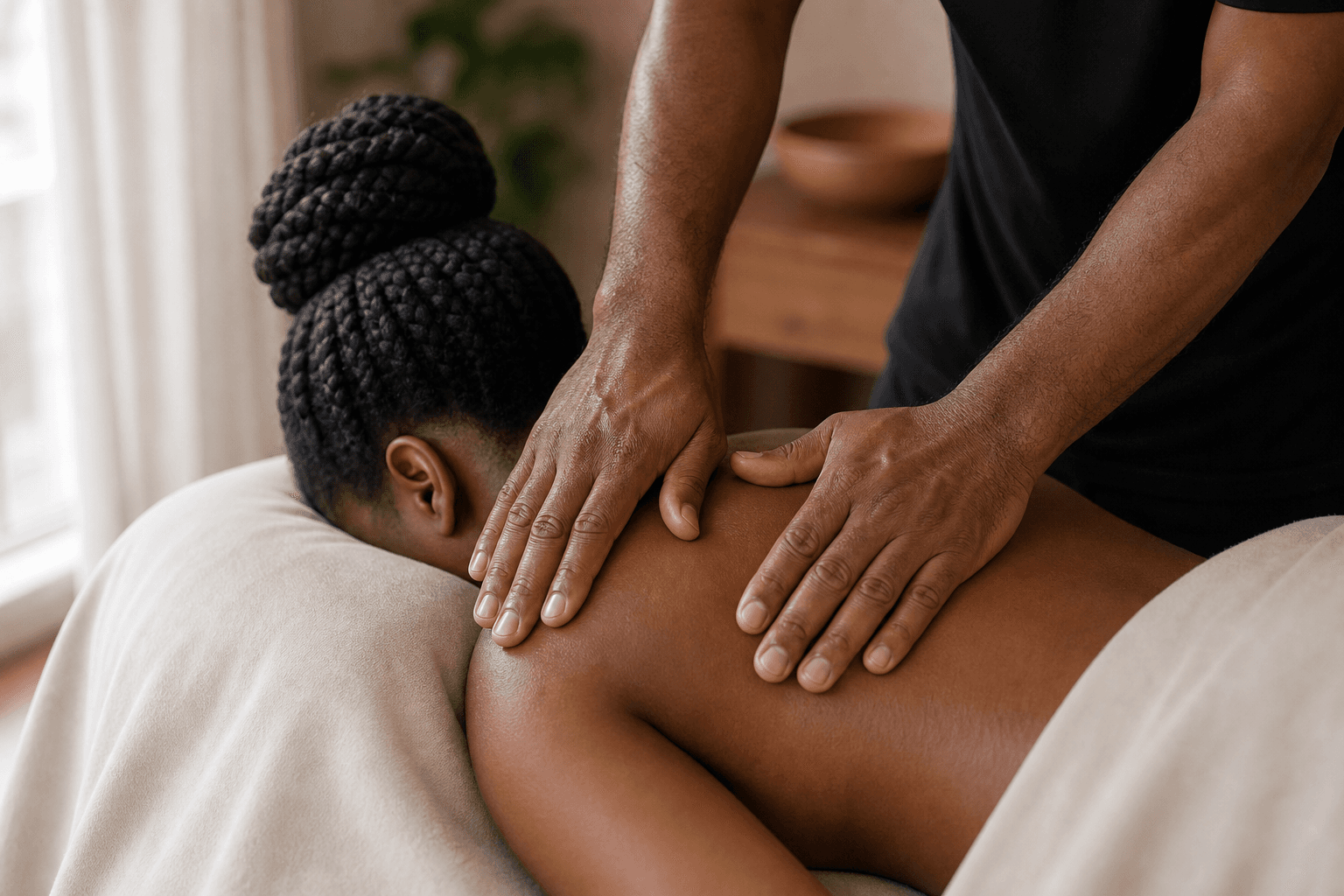 Light-skinned African male massage therapist's hands performing deep tissue massage on a client's upper back